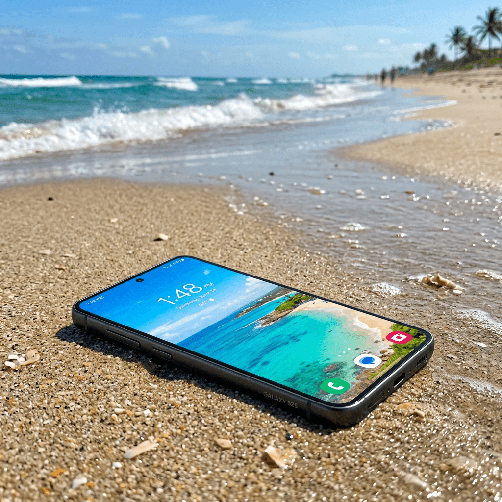 Galaxy S25 smartphone face up on sandy beach with ocean waves