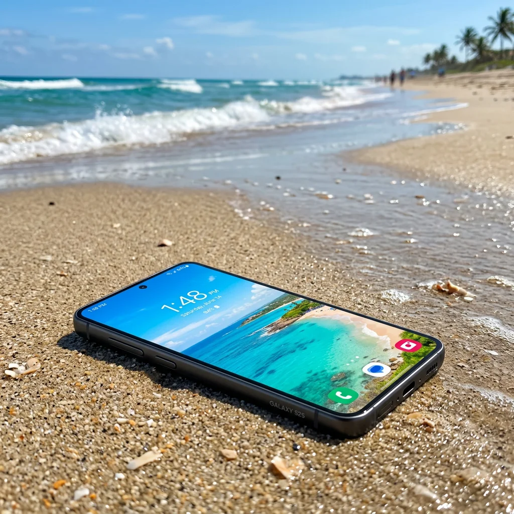 Galaxy S25 smartphone face up on sandy beach with ocean waves